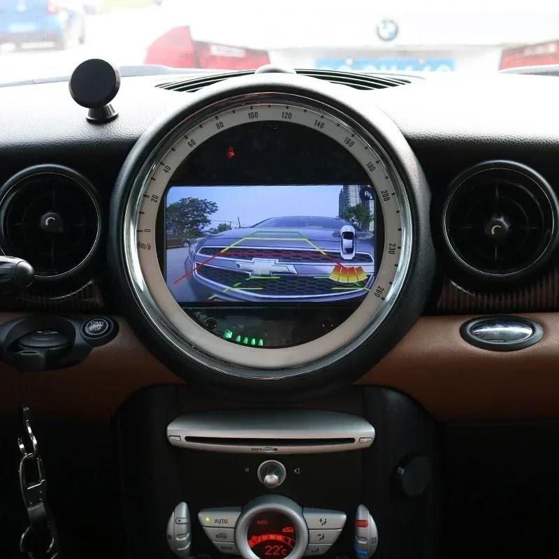 MINI dashboard after a large integrated touchscreen and backup-camera upgrade